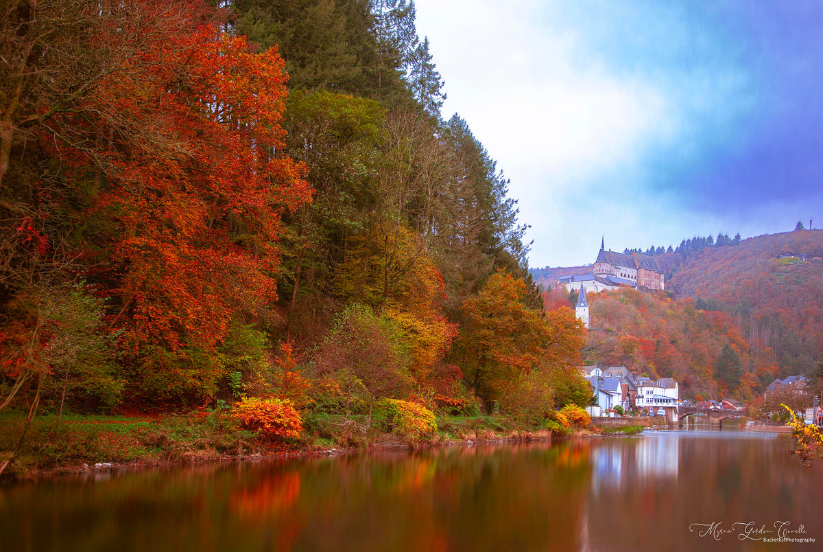 Vianden Autumn & River Reflections — Alu Dibond Wall Art 90×60cm