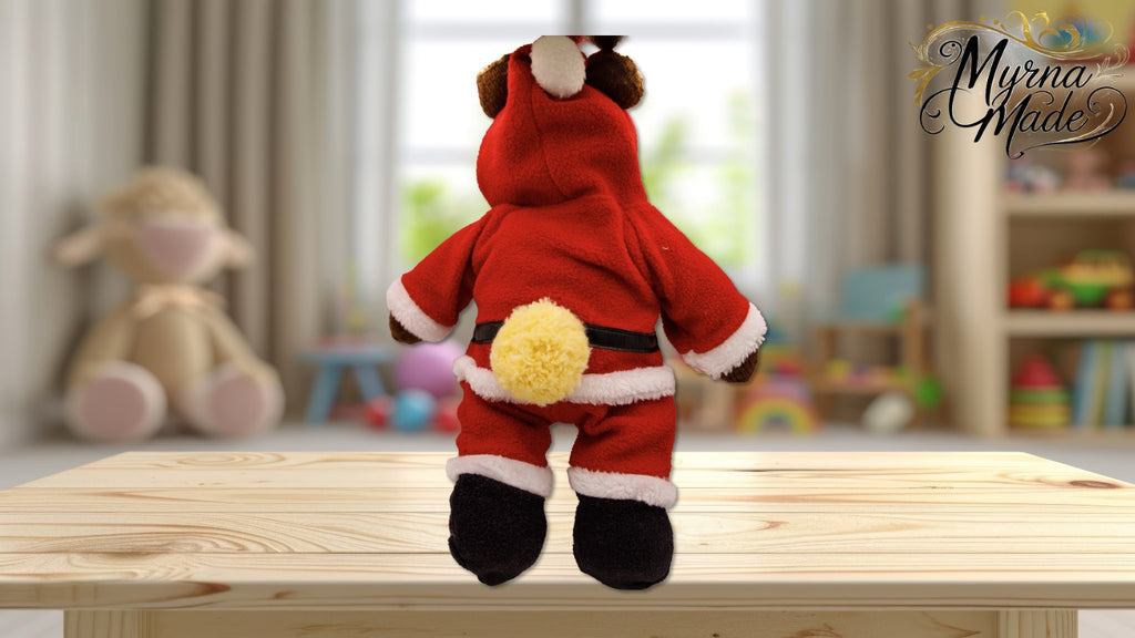 Red plush toy with a hood on a wooden surface, blurred background of a room with toys.