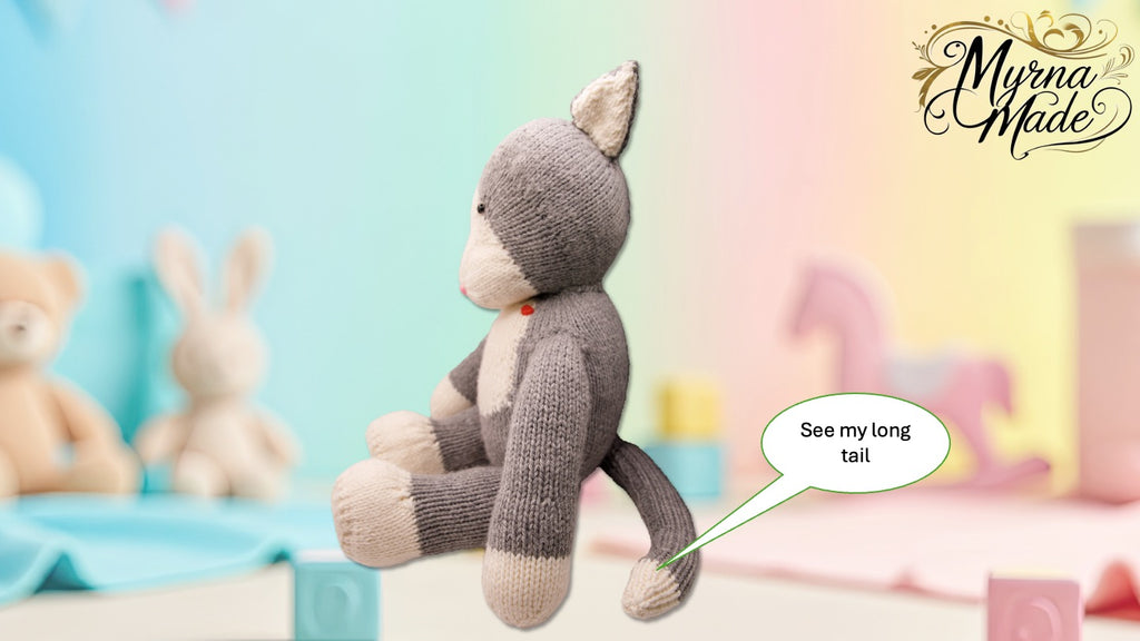 Stuffed toy cat with a long tail, sitting on a colorful background with 'Myrna Made' branding.