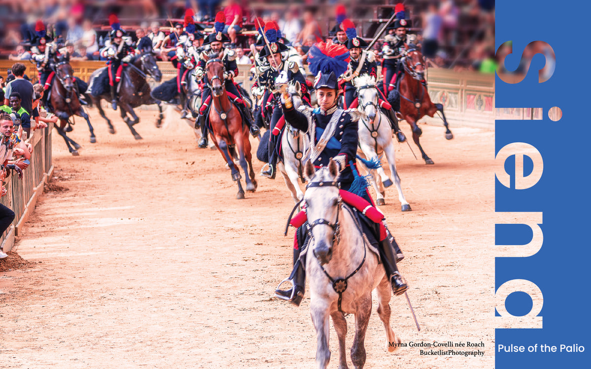 Carabinieri cavalry in ceremonial uniform parading on horseback across the Campo at the Palio di Siena