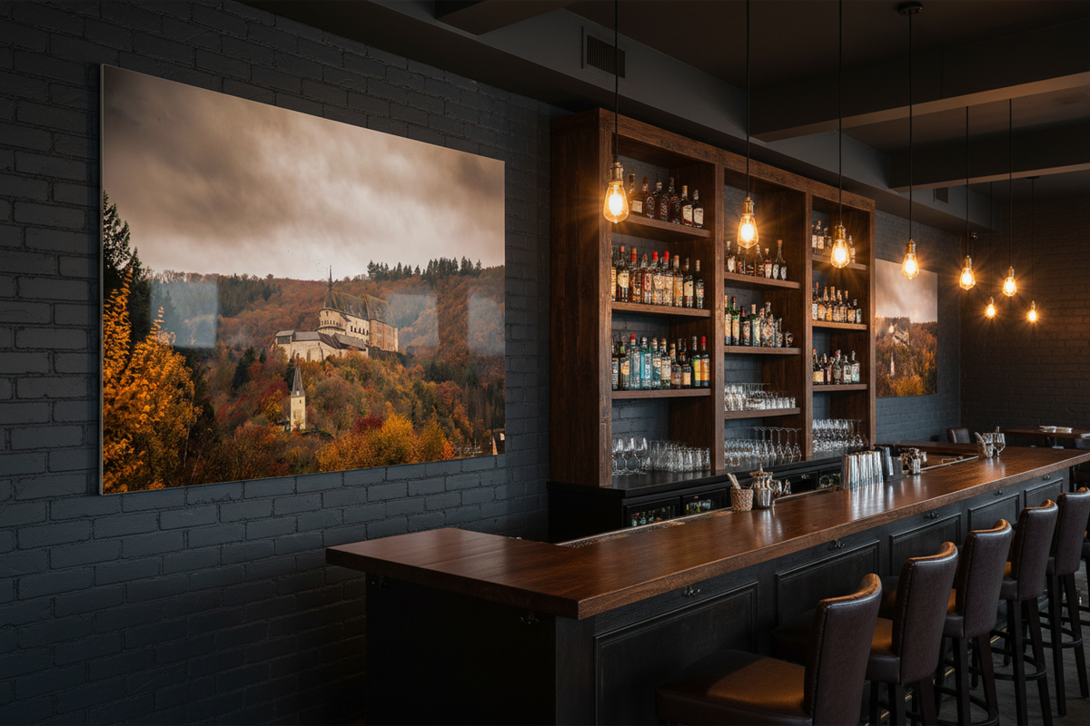 Vianden Castle in Autumn Alu Dibond print displayed in a stylish bar setting