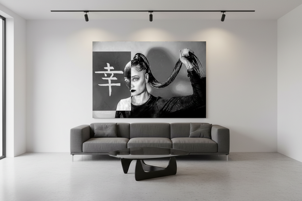 Friend fine art portrait print displayed in a sleek modern gallery-style loft interior