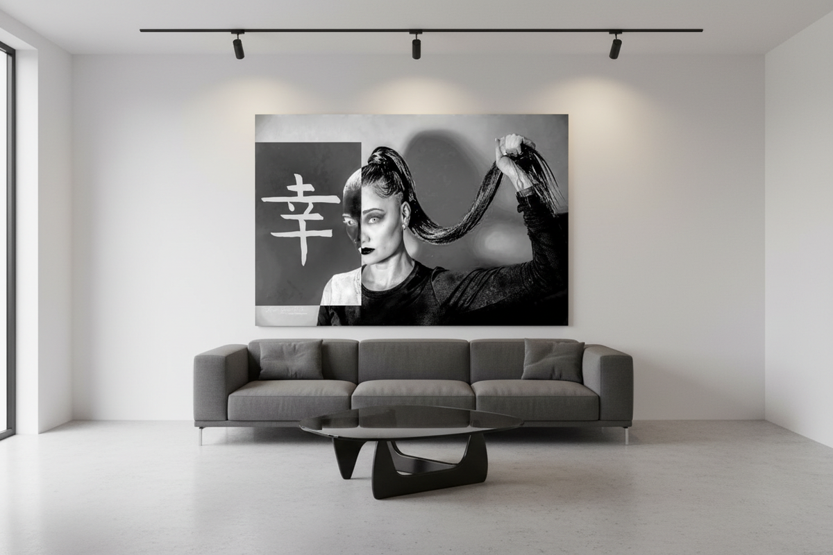 Friend fine art portrait print displayed in a sleek modern gallery-style loft interior