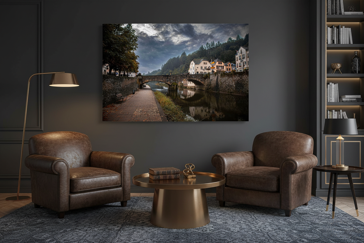 Vianden Storm & Dark Skies Alu Dibond print displayed in a sophisticated dark dramatic interior
