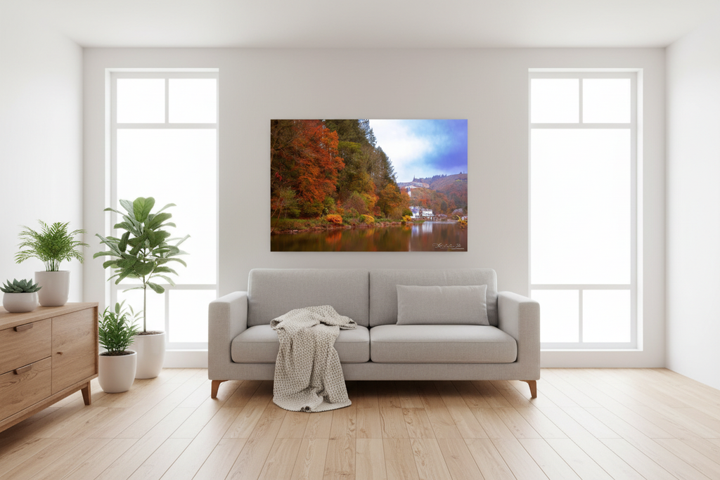 Vianden Autumn & River Reflections — Modern Living Room Mockup